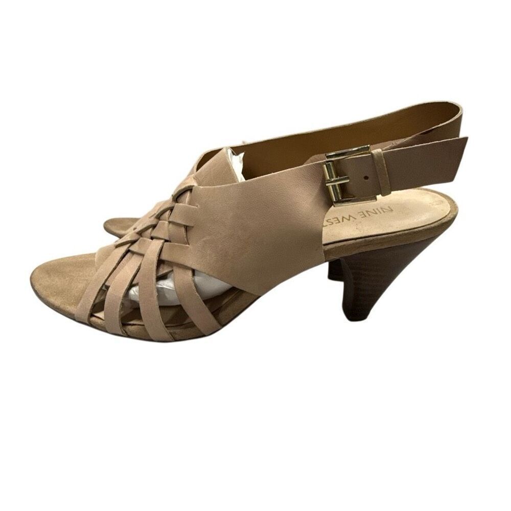 Nine West Women's Tan Nude Leather Woven Criss Cross open toe sandals Size 8.5